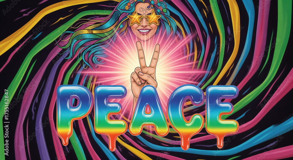 Obraz premium Hippie Icon and word PEACE Colorful psychedelia smiling woman and V sign Pop Art celebration of love freedom and 70s counterculture