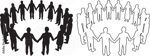 Silhouette figures holding hands in a circle symbolizing unity teamwork and community engagement in black and white illustration style