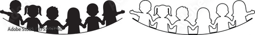 Silhouette and outline of children holding hands symbolizing unity and friendship ideal for educational or communitythemed projects and designs