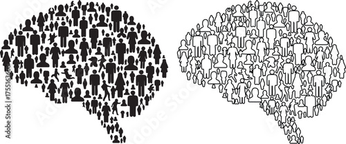 Human brains formed by people silhouettes represent collective intelligence and social connections in black and white illustration