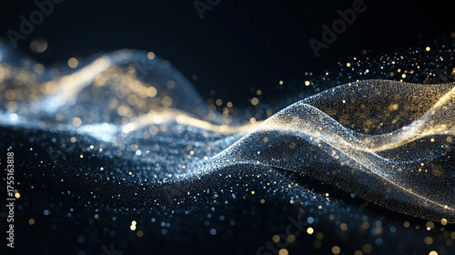 White gold and silver digital wave of particles flowing across dark background symbolizing futuristic technology data movement AI intelligence and interconnected communication systems in modern abstra