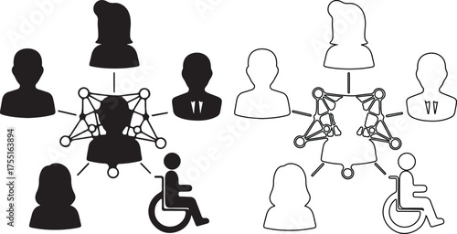 Black and white illustration of a network of diverse people including a person in a wheelchair connected by a central figure and lines