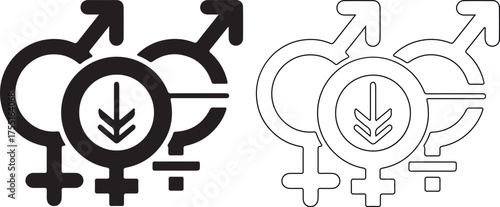 Black and white vector illustration of gender symbols representing male female and nonbinary identities in a minimalist graphic design style