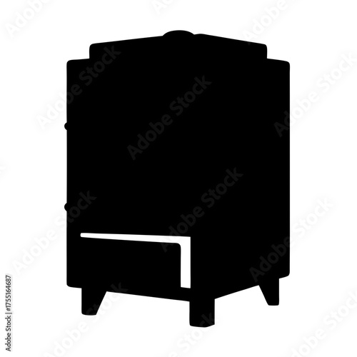 A silhouette illustration of an old fashioned or antique ice box on legs
