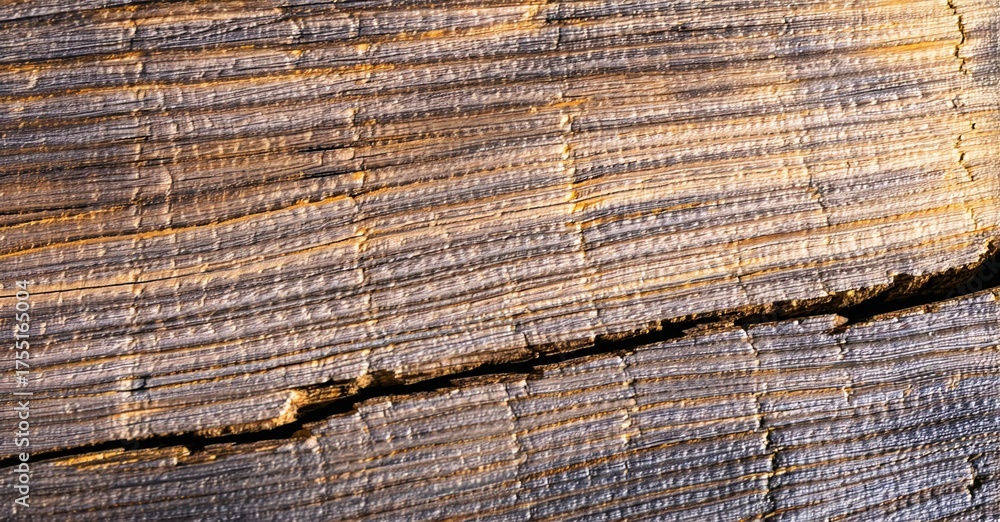 Fototapeta premium Wood texture shows layers, cracks. Warm tones dominate, creating rustic visual impact. Detail highlights natural patterns.