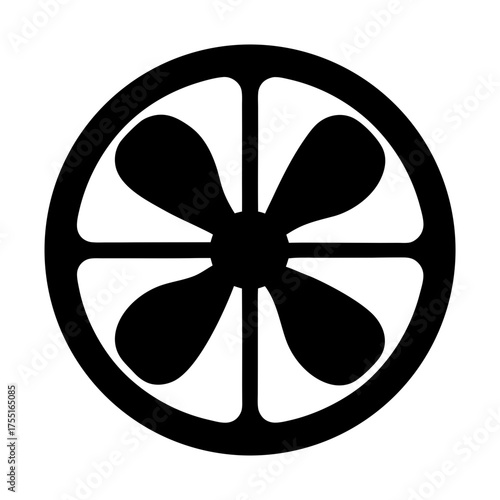 Stylized black and white floral element with four petals and circular border