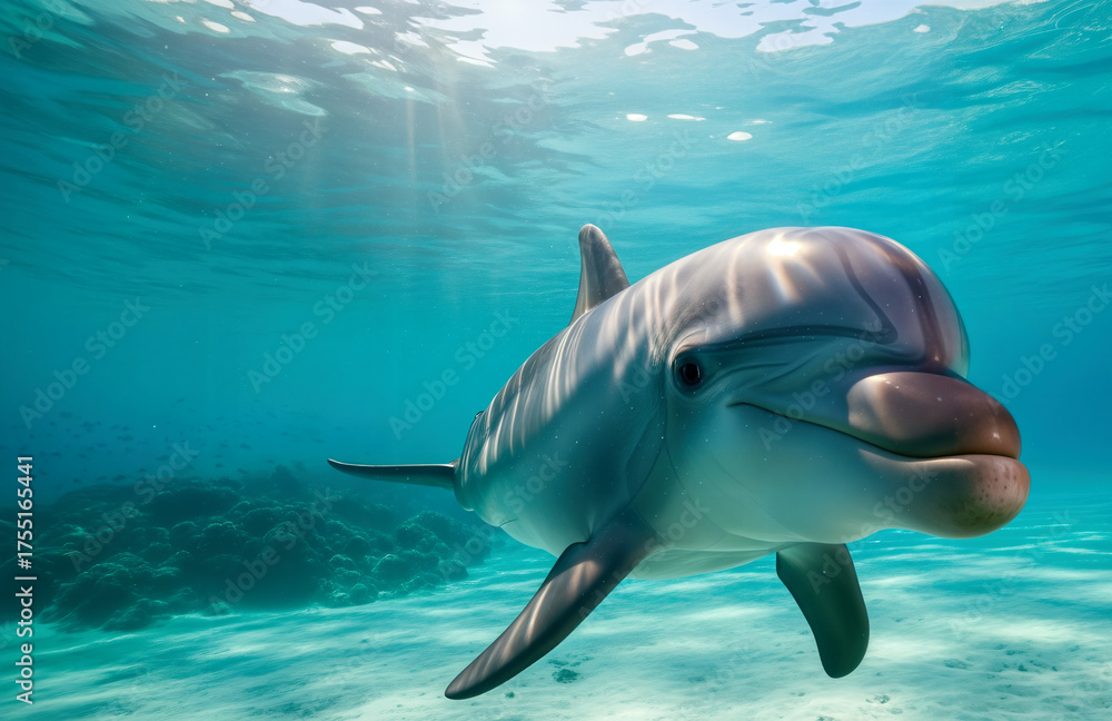 Fototapeta premium Ultra-realistic underwater close-up of a friendly bottlenose dolphin looking at the camera in sunlit turquoise waters a symbol of intelligence and joy