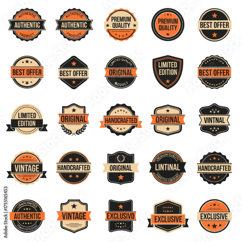 Collection of vintage badges and labels for product authenticity and quality.