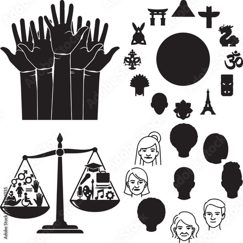 Diverse hands raised with global symbols scales of justice and human faces representing equality culture and social issues in a vector design