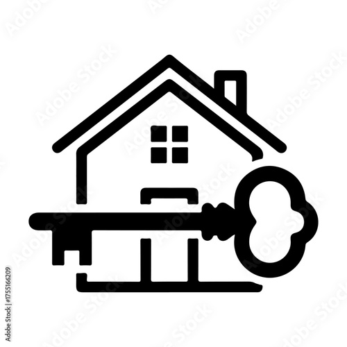 House with Key Icon – Rent and Real Estate Symbol, Home Key Pictogram