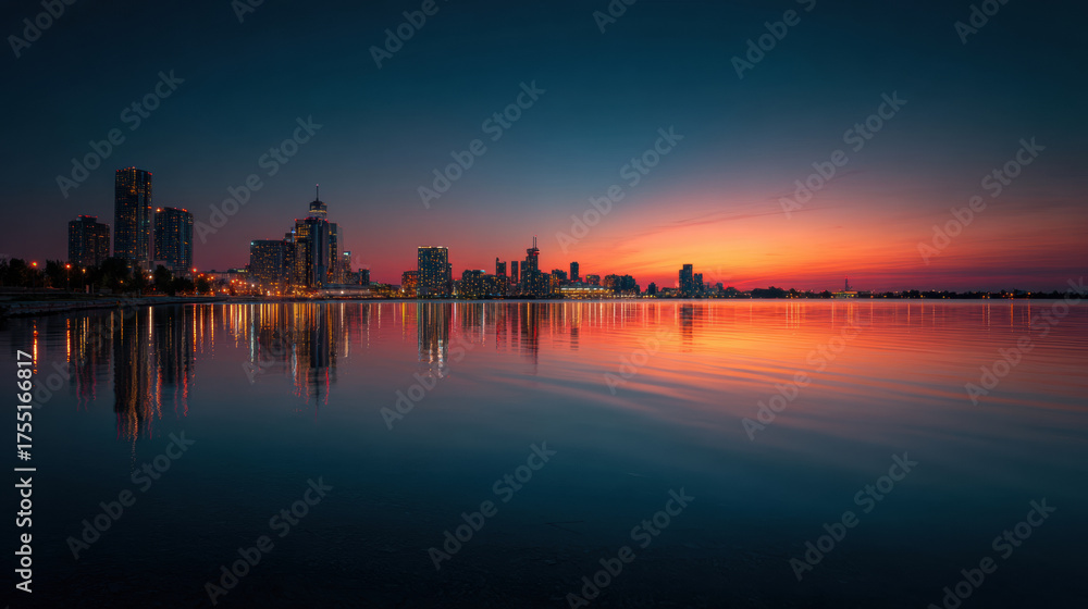 Fototapeta premium Stunning city skyline at sunset, showcasing modern skyscrapers with vibrant reflections on the tranquil water surface. The colorful sky creates a breathtaking urban landscape view.