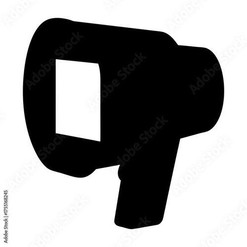 An abstract solid black megaphone or bullhorn silhouette with rectangular center