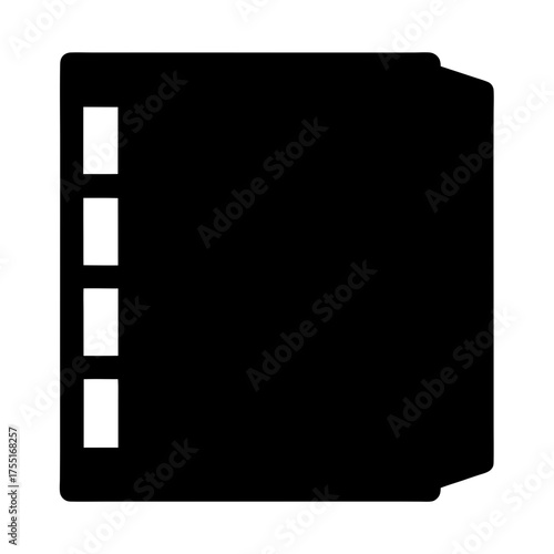 Black binder with white rectangular holes and rounded corners for organization