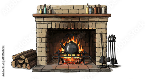 Cozy sketch of a fireplace with iron kettle for hygge lifestyle blog and winter decor design