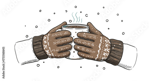Gloved hands with tea cup illustration for winter holiday greeting card or social media post