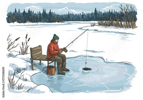 Man at frozen lake fishing hole illustration for outdoor hobby magazine or winter travel blog