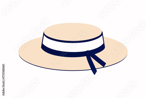 Elegant Straw Hat with Navy Ribbon Bow - Vintage Summer Fashion Illustration