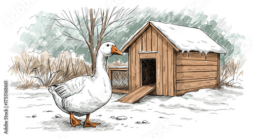 Winter farm scene with a goose in front of a wooden coop for agricultural blog or book illustration