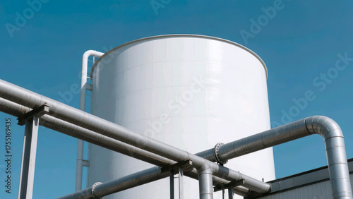 Modern industrial storage tank with metal pipelines under clear blue sky. Clean and minimal design showing industrial infrastructure and energy production concept.