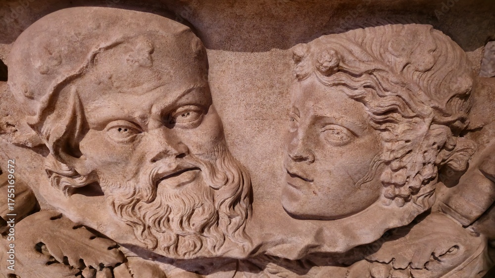 Fototapeta premium Rome, Italy - 13 January 2025. Inside the Oratory of the Forty Martyrs, a sculpted relief shows a bearded man beside a youthful figure with curled hair, both gazing slightly upward.