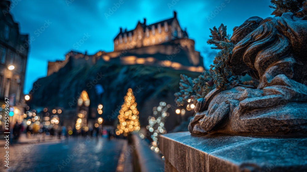 Fototapeta premium Focused figure with Edinburgh Castle illuminated with Christmas lights in the background