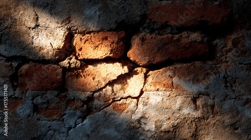 A hyperrealistic close-up of a cracked brick with sunlight emphasizing its rough texture and weathered details  showcasing natural material and surface imperfections.