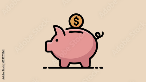 A simple cartoon illustration of a pink piggy bank with a gold dollar coin being inserted into the slot.