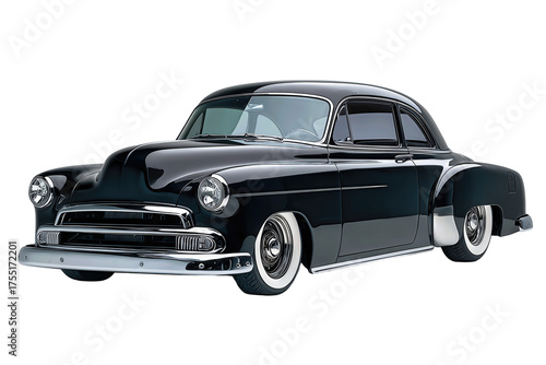 Vintage coupe automobile rendered as a clean black outline with bright trim and minimalist reflections, timeless and stylish, isolated on transparent background.
