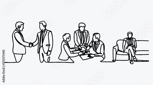 Business professionals in meetings and networking single line drawing vector illustration