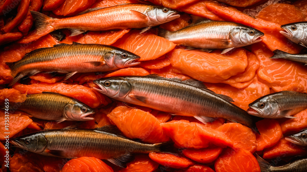 Fototapeta premium Lachs, ganze Fische auf Lachsfilets – frische Meeresfrüchte als Food-Hintergrund, Nahaufnahme