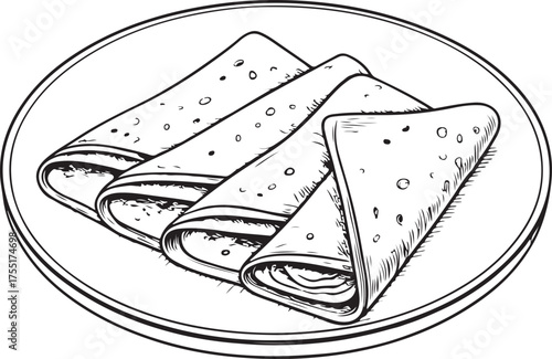 Crêpes on Plate Pancakes Hand-drawn Sketch Drawing Vector Illustration, Line Linear Symbol Engraving Coloring Book, Black and White Isolated

