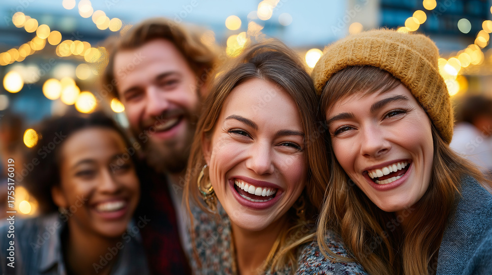 Obraz premium Group of friends celebrating at rooftop party, fairy lights and golden dusk, laughter and joy, cinematic urban lifestyle, timeless connection, city energy, warmth and happiness, wi
