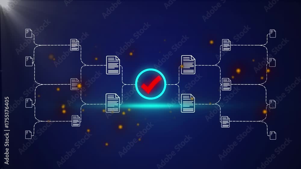 Neon glowing document verification blockchain network with digital ...