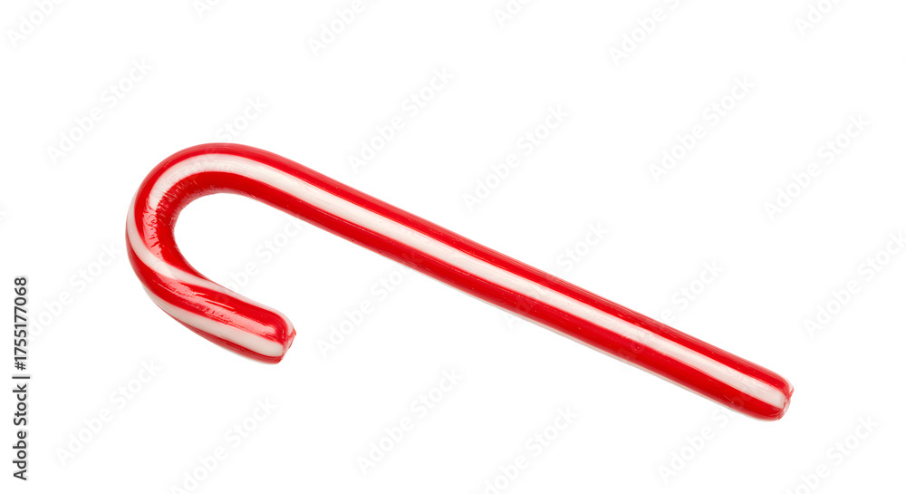 Naklejka premium Red candy cane isolated on white background, traditional Christmas sweet for holiday celebrations and festive decorations