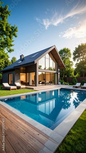 Wallpaper Mural Modern house with a large swimming pool and luxurious design, surrounded by lush green trees and a wooden deck, under a bright blue sky Torontodigital.ca