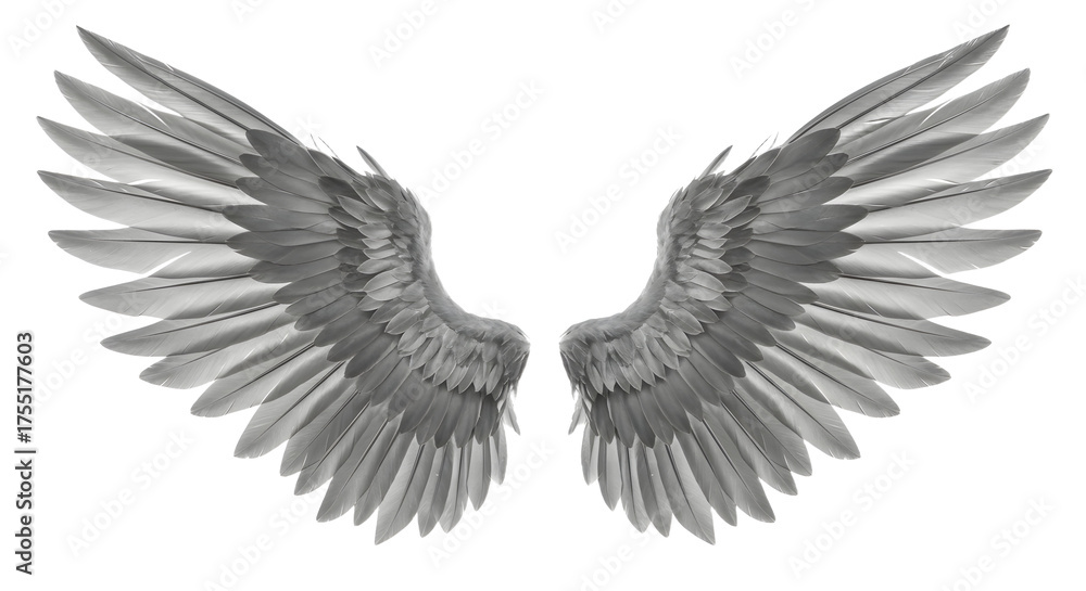 Obraz premium Realistic gray angel wings with detailed feathers on transparent background, perfect for fantasy designs and spiritual projects