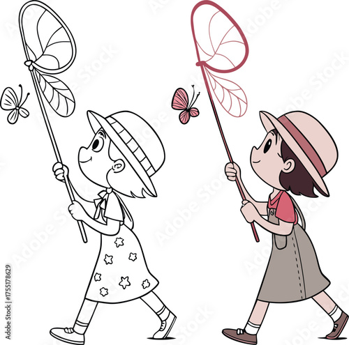 Whimsical childhood scene a young girl chasing butterflies with a net isolated on transparent background