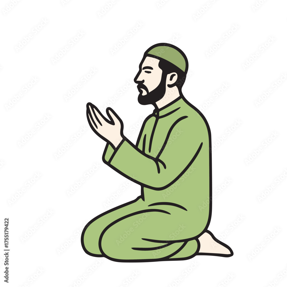 Φωτογραφία Vector art of a praying Muslim man in prostration, wearing gentle green garments, symbolizing serenity, faith, and holiness during sacred worship