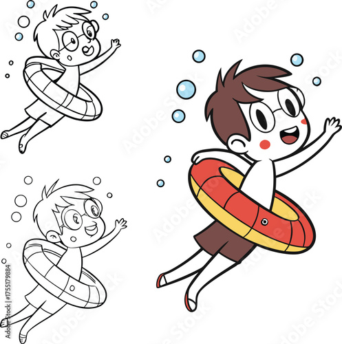 Cartoon character swimming underwater with inner tube and bubbles animation element isolated on transparent background