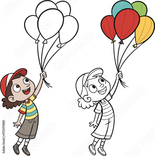 Joyful child holding colorful balloons ascending towards bright sky isolated on transparent background