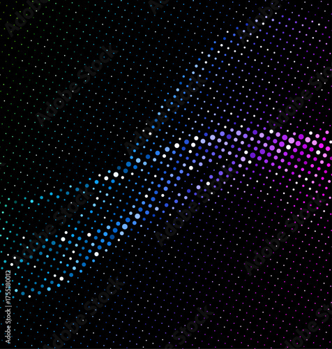 Vector halftone pattern featuring a colorful curved wave in blue, purple, and pink on a black background. 