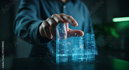 Asset tokenization concept. A hand touches a hologram of a real-world building, which divides into thousands of digital tokens for fractional ownership.