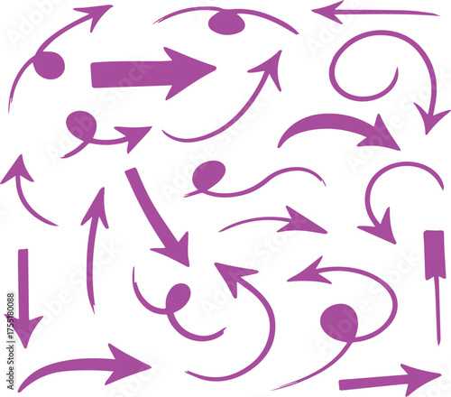 Collection of hand drawn pink arrows and pointers illustrating direction and movement on a white background