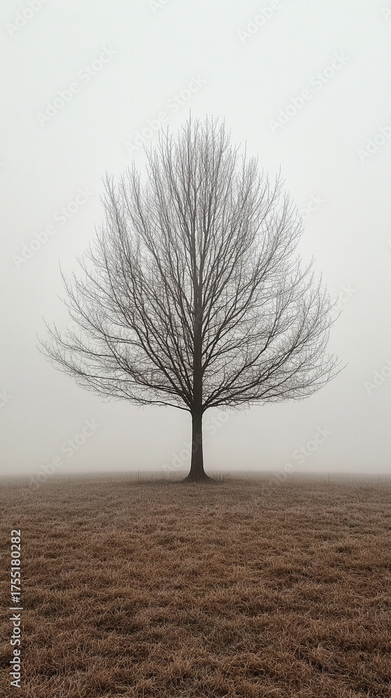 Fototapeta premium Hyperrealistic scene of a solitary tree standing in a foggy meadow with soft sunrise light, evoking tranquility, solitude, and atmospheric morning beauty.