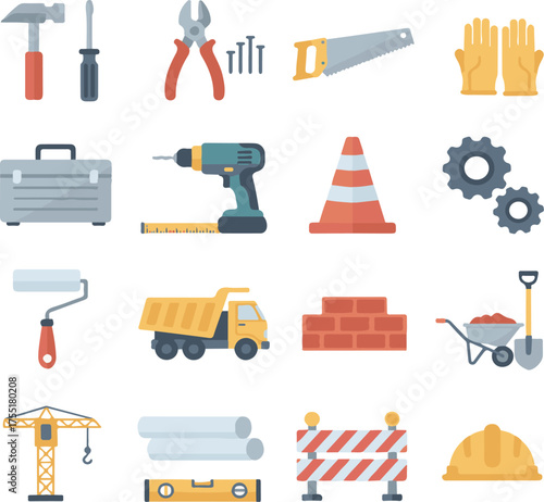 Colorful Construction and Building Tools Flat Icons hammer screwdriver