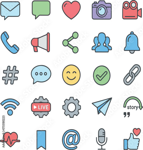 Colorful social media and communication icons on a white background Keywords: social media