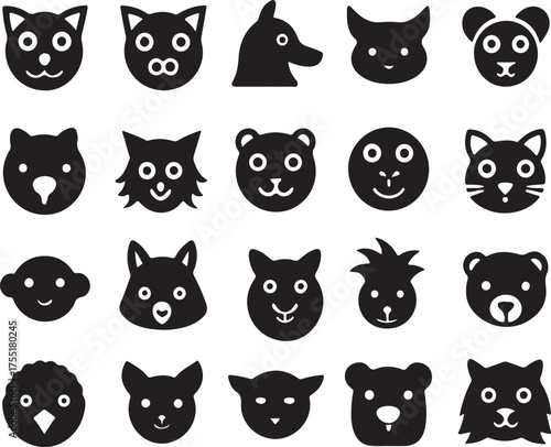 Diverse Collection of Stylized Animal Face Icons in Silhouette animals wildlife