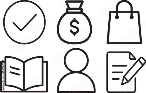 Set of six simple outline icons for business and finance graphic