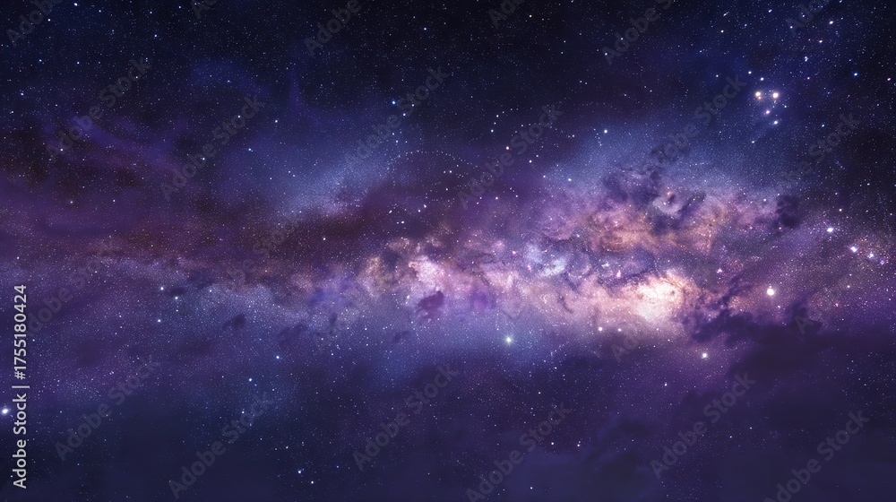 Fototapeta premium Night sky landscape with the Milky Way stretching across misty purple mountains at sunrise — a serene view combining natural beauty and cosmic wonder, perfect for adventure and astronomy themes.