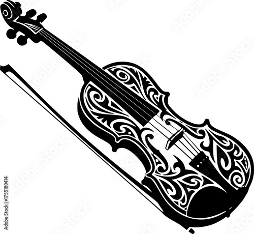 Stylized black silhouette of a violin with a bow and abstract tribal elements isolated on white background
